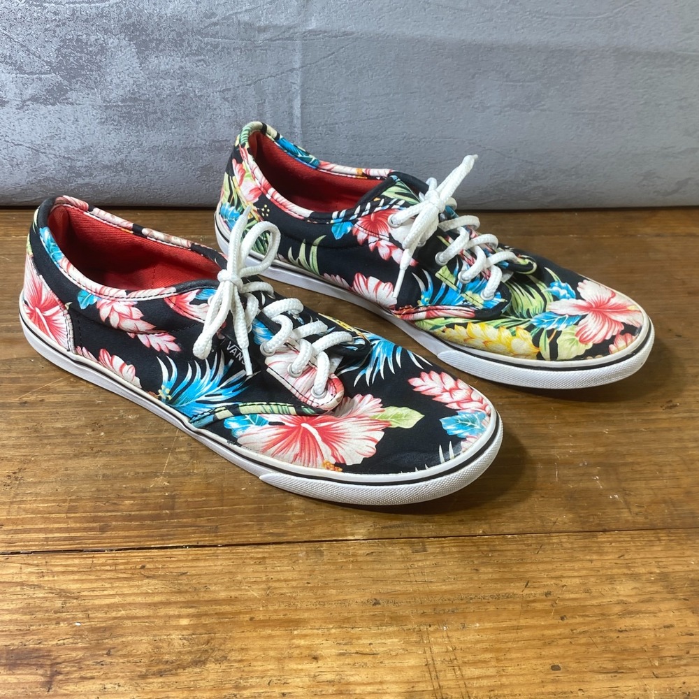 Vans Authentic Low Top Tropical Hibiscus Floral Sneakers Black Red Womens 9